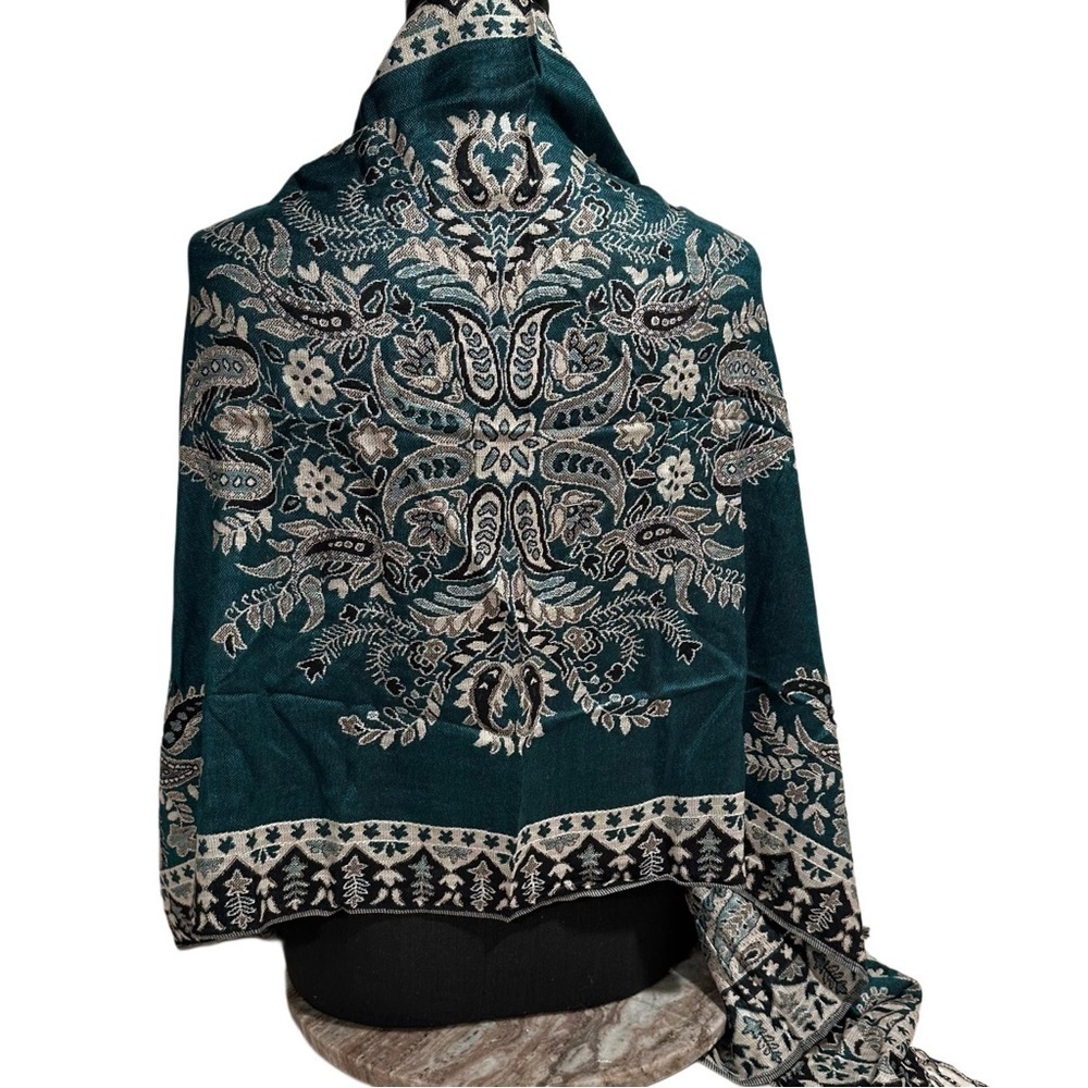 Elegant Shawl Wrap Scarf Double-Sided Super Soft Rayon Silver Emerald Green - Picture 4 of 17